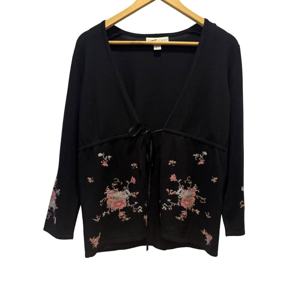 Vintage-Black Floral Embroidered Med Cardigan Sweater Casual Corner Cottagecore